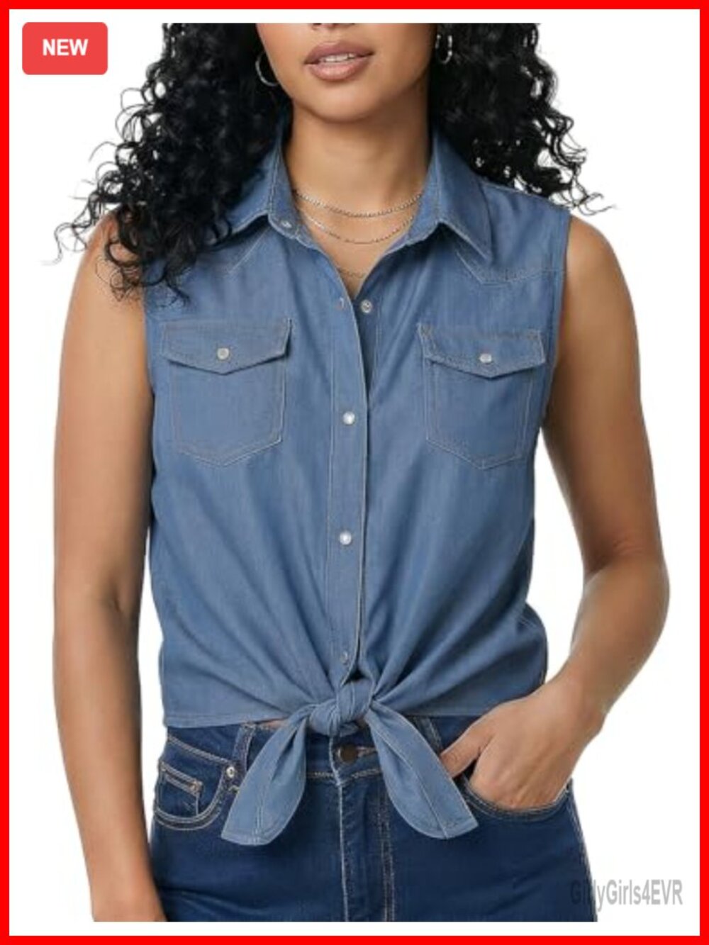 Noomelfish Sleeveless Denim Tie Front Crop Top Pearl Snap Western Cowgirl Shirt